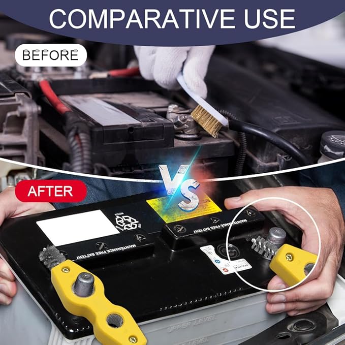 Car Battery Terminal Cleaning Brush, 4 in 1 Auto Battery Terminal Cleaning Tools, Copper Pipes Cleaner Brush Tool, Universal Battery Terminals Machine Parts Cleaning Tool (Yellow, 1PCS)