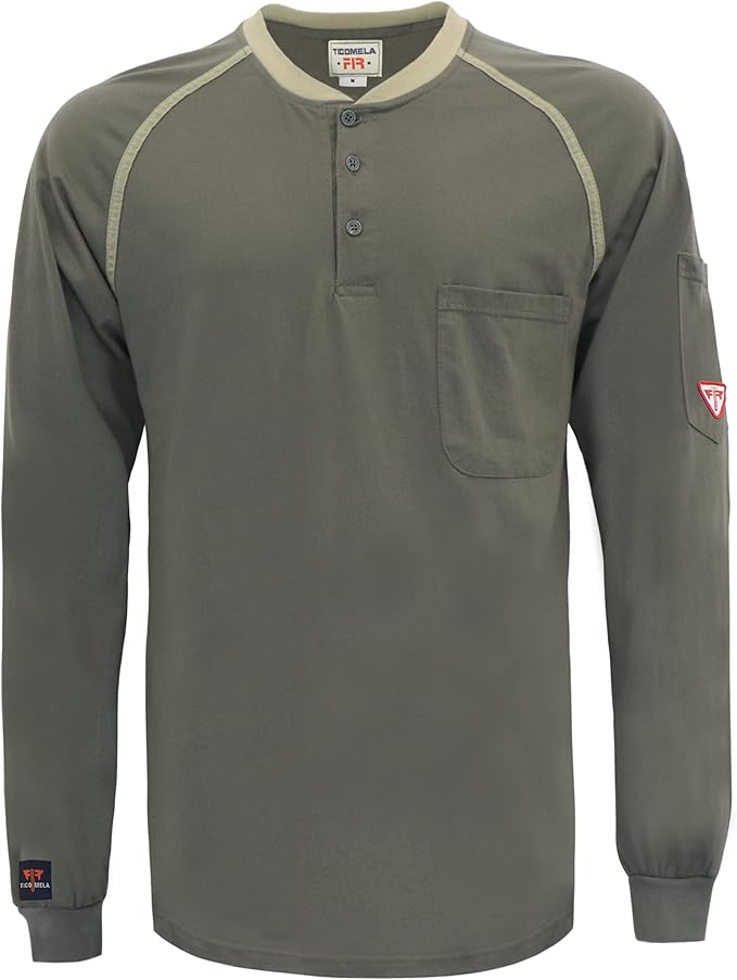 TICOMELA FR T Shirt Flame Resistant Shirt 5.5oz 100% Cotton Light Weight Workwear Men's Long Sleeve Henley Shirts