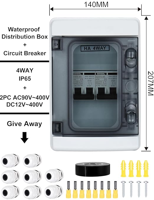 DIHOOL DC Circuit Breaker Box Cover, 40 Amp Electrical Power Distribution Box 2 in 2 Out, PV Solar Disconnect Switch