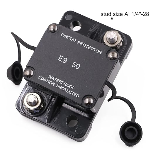 50A Automotive Circuit Breaker Auto Reset No Switch Button for Boat, Car Audio, Solar System, Battery Protection 12V-32V DC