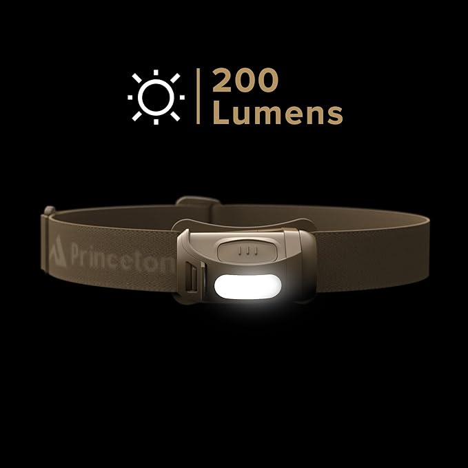 Princeton Tec Fred Headlamp 200 Lumens Dimmable Ultrabright White LED, IPX4 Water Resistance and 41 Hour Burn Time, Perfect for Hiking, Camping, Hunting, Fishing, and Safety Preparedness, Tan