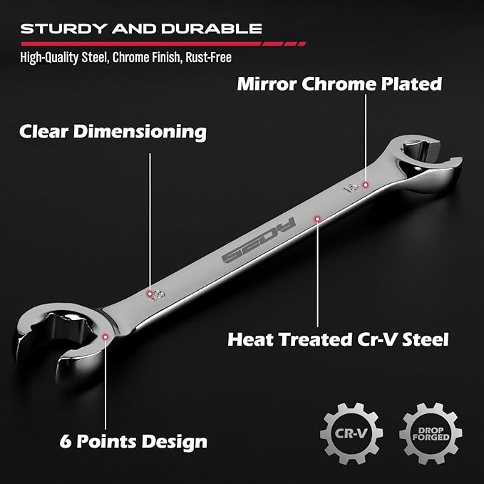 SEDY 14-Piece Flare Nut Wrench Set with PTFE Tape, Metric & SAE Brake Line Wrench Offset 1/4"-7/8"& 9-21mm Set Double Open End with Organizer Pouch for Repairing and Removing Nuts