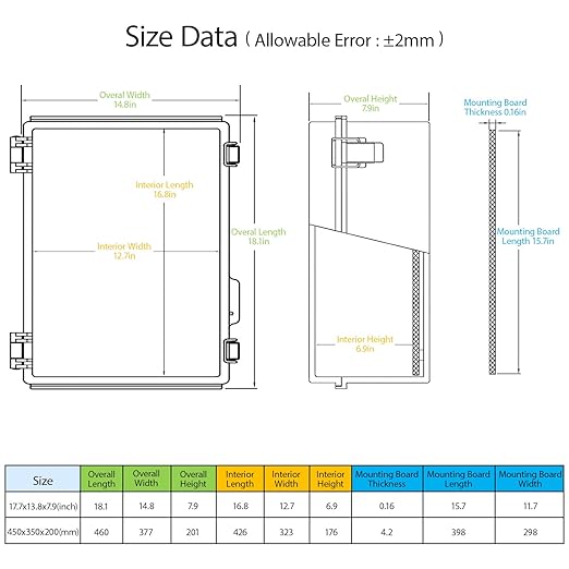 LeMotech Electrical Box, IP67 Waterproof Hinged Clear Cover Stainless Steel Latch Junction Box, ABS Plastic Electrical Enclosure with Mounting Plate,Wall Brackets, Cable Glands,17.7"x13.8"x7.9", Grey