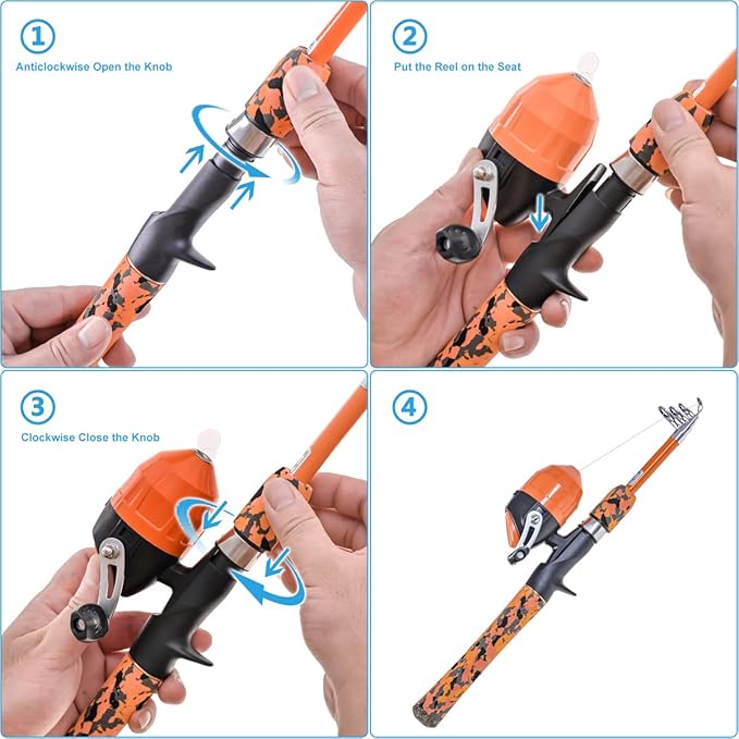 LEOFISHING Kids Fishing Pole Set with Full Starter Kits Portable Telescopic Fishing Rod and Spincast Reel with a Fishing Net and Bucket for Boys Girls and Youth