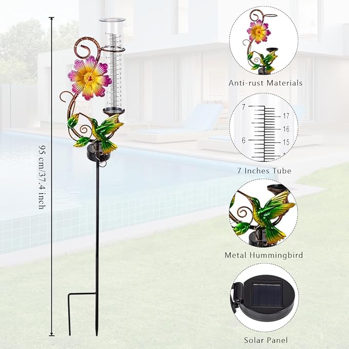 Hummingbird Rain Gauge Outdoor, Solar Rain Gauge, Metal Rain Measure Gauge with 7 Inch Tube, Decorative Color Lights Rainfall Measurement for Yard