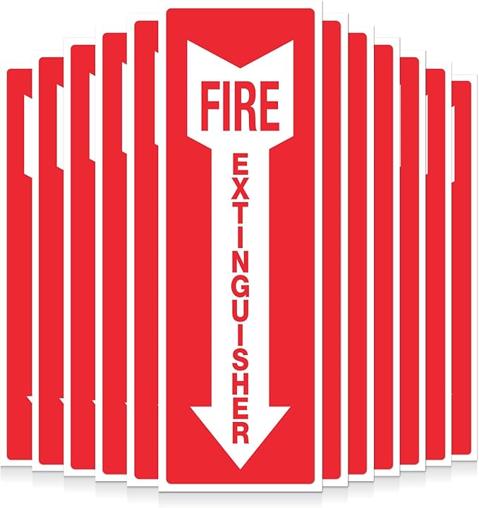 Fire Extinguisher Sticker Pack of 12 – 4 Mil Vinyl Fire Extinguisher Tags – Weatherproof Self-Adhesive Safety Signs for Workplace Firefighter Stickers – Ultra Bright Red and Whie Colors