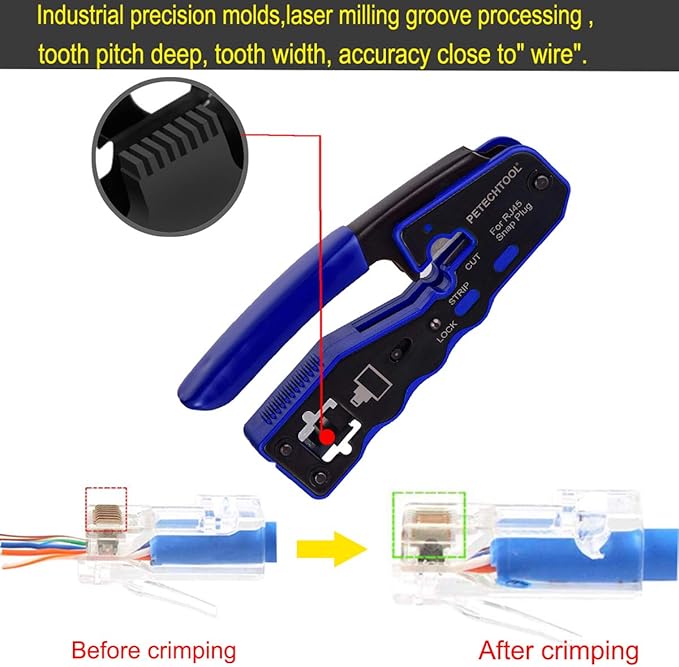 RJ45 Crimp Tool for Cat5e Cat6 Cat6a Pass Thrugh Connectors with 20 pieces Cat6 Connectors and 20 Pieces Boots