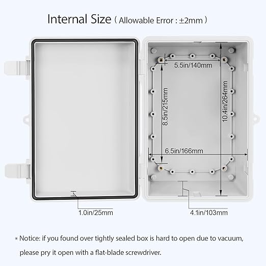 Junction Box ABS Plastic IP65 Waterproof Dustproof Universal Electrical Enclosure, Hinged Shell Outdoor and Indoor Usage Project Box11.4"x 7.5" x 5.5"(290 x 190 x 140mm), Grey