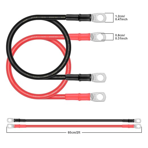Battery Cable - iGreely 8 AWG 8 Gauge Wire Made with Tinned Copper Wire Battery Power Inverter Cables with 5/16" Lugs Terminals for Solar Panel Automotive Motorcycle RV Marine 2ft/60cm