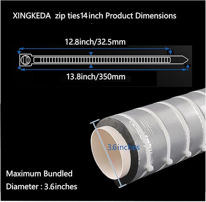 14 Inch Heavy Duty Cable Ties - 60lb Tensile Strength, Weather Resistant Outdoor White Zip Ties (150 Pack)