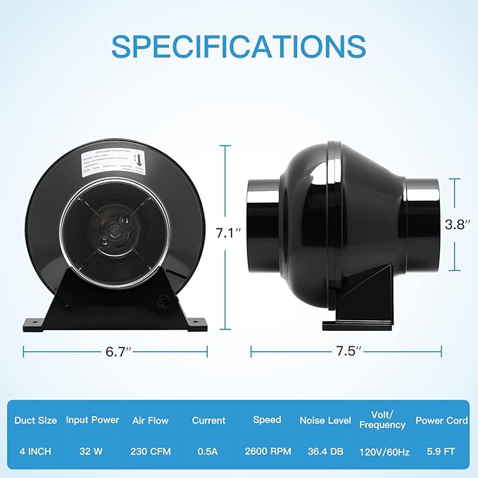 iPower 4 Inch 195 CFM Inline Ventilation Fan Quiet Vent Blower Carbon Filter with Prefilter, 8 feet Aluminum Ducting for Grow Tent Air Circulation