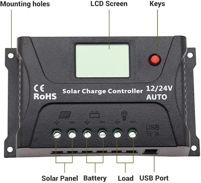 HQST 20Amp 12V/24V PWM Solar Charge Controller Regulator with LCD Display, USB-A Port, Compatible with Sealed, Flooded Lead-Acid Batteries