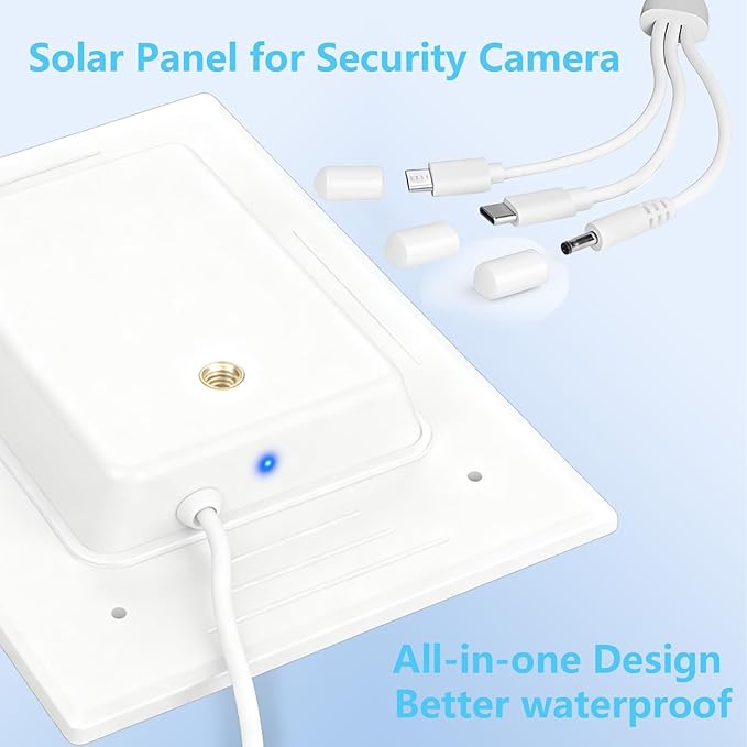 LIYVZ 5W Solar Panel for Security Camera 5V with Battery 8000mAh, 3-in-1 DC 3.5 * 1.35mm & Micro USB & USB C Solar Panel, High Efficiency ETFE Film, IP65 Waterproof, 10 Feet Cable