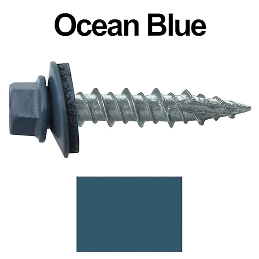 Metal Roofing Screws: (250) 10 x 1 Ocean Blue Hex Head Sheet Metal Roof Screw. Self Starting Metal to Wood siding Screws. EPDM Washer. Colored Head