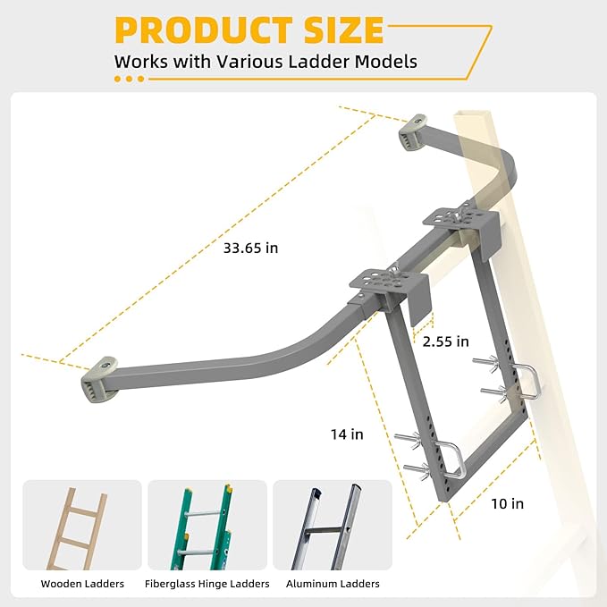 Ladder Stabilizer,Heavy Duty Steel Extension Ladder Stabilizer for Roof Gutter and Wall with Anti-Slip Rubber Feet,Ladder Standoff with Wing Span/Wall Extension Accessory(Silver Gray)