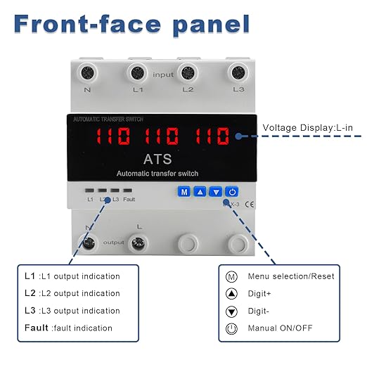 4P Automatic Transfer Switch with LCD Display, 63A Triple Power ATS with 3 Digital Displays for Input Real-Time Volrage Monitoring, Automatic Changeover for Utility/Generator/Solar