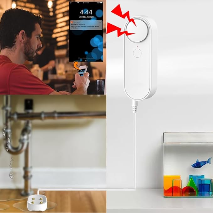 Multifunctional WiFi Water Leak Detector, 6.5ft Split Drip/Leak Detection Cable, Dual Interface, Expandable, Smart Leak Sensor Alarm, AAA Battery Powered, APP Monitoring, Over 5 Months Standby