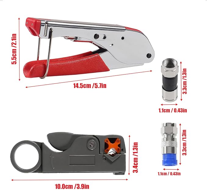 Coax Cable Crimper Tool Kit with 20pcs F Type RG59 RG6 Compression Connectors Coaxial Cable Stripper Coaxial Cable Compression Tool Kit