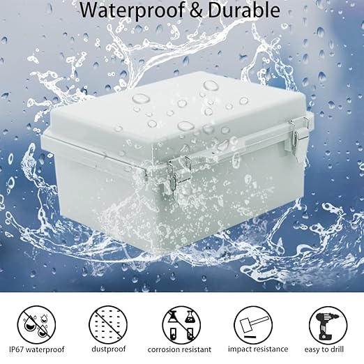 Junction Box, Hinged Cover Stainless Steel Latch IP67 Waterproof ABS Project Box with 2 Cable Glands, Electrical Box Enclosure with Mounting Plate & Wall Bracket 8.7 x 6.7 x 4.3inch