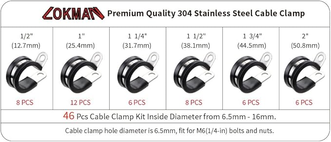 Cable Clamp Assortment Kit, LOKMAN 46 Pieces 304 Stainless Steel Rubber Cushion Insulated Pipe Clamps Assorted in 6 Size 1/2'' 1'' 1.25'' 1.5'' 1.75'' 2''