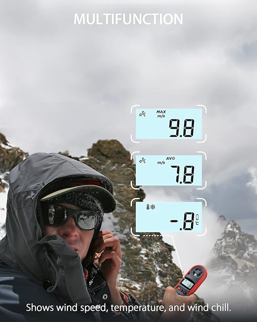 Wintact Handheld Anemometer, Digital Wind Speed Meter Gauge, Air Flow Velocity Tester with Measuring Wind Temperature 14℉ to 113℉ for HVAC Duct Outdoor Kite Boat Sailing Surfing (WT816A)
