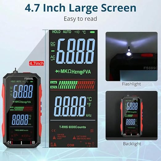 USB Rechargeable Digital Multimeter 6000 Counts Large Color Screen & Backlight FS899L Smart Auto Ranging Multimeter True RMS Digital Voltmeter Multi Meter Digital Tester for Automotive Home