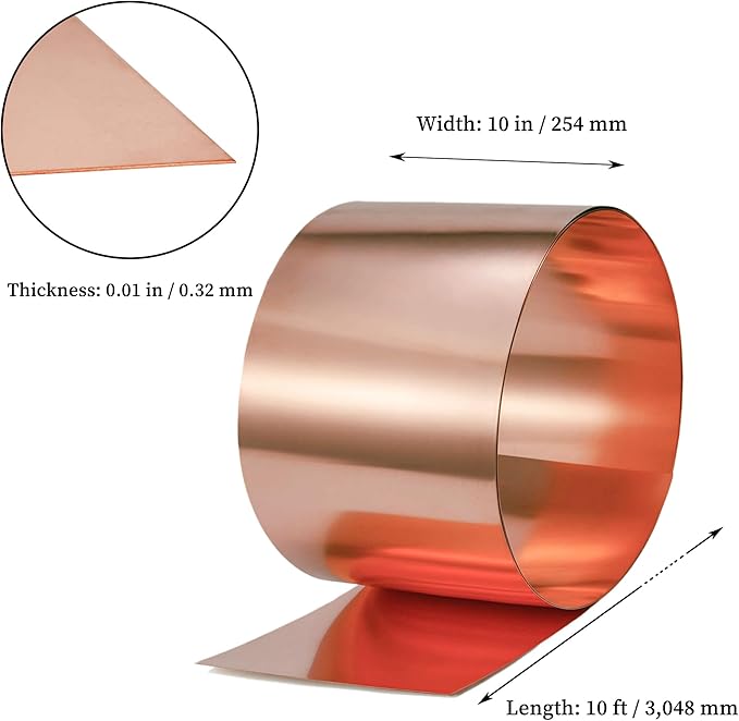 GOORY Copper Flashing 28 Gauge - 10in x 10ft 0.013"(0.32mm) Thickness Roof Flashing Roll - 99.95+% Pure Copper Sheet Metal ASTM B152 - Roofing Repair DIY Project Contractor Jewelry Crafts