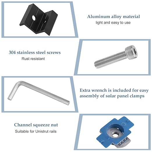10pcs Solar Panel End Clamps for Unistrut Standard, 30mm/35mm Solar Panel Brackets with Nuts Bolts, Aluminum Alloy Mounting Rail Kit for Metal Tin Flat Sheet Roof Mount (Black)