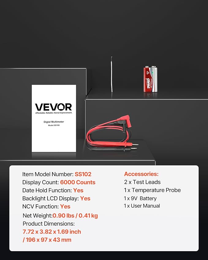VEVOR Digital Multimeter, 6000-Count TRMS DC/AC Voltmeter Current Tester, Professional NCV Multimeter for Current Voltage Resistance Capacitance Duty-Cycle Tempetature Diodes Continuity Live Wire Test