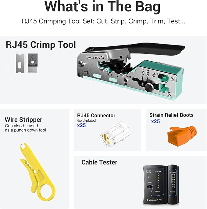 VCELINK RJ45 Crimp Tool Kit for CAT7/6A/6/5E/5, Upgraded Network Tool Set with an Ethernet Crimper, 25 RJ45 Connectors & Boots, Cable Tester, and Wire Stripper (no Cloth Bag Include, Green Crimper)