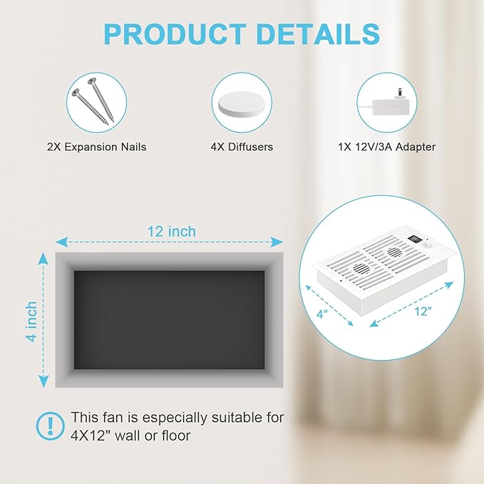 Register Booster Fan for 4" x 12" Vents Only, 10 Speeds to Control Cool and Warm Airflow, Air Conditioning Vents with LED Screen Remote & Thermostat Control, for Room Walls & Floors (Brown)