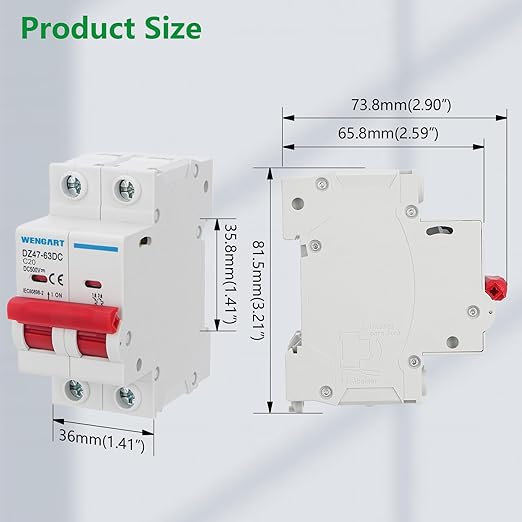 Wengart DC Miniature Circuit Breaker DZ47-63Z,500V 2 Poles 20A,Work for Battery and Solar PV Systems and Other DC Systems, DIN Rail Mount,Disconnect Switch