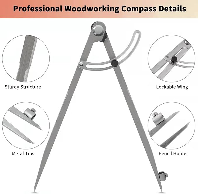 Pencil Compass 12 inch, Precision Woodworking Compass with Wing Divider and Pencil Holder, Metal Compass Ideal for Geometry Drafting and Technical Drawing, Engineering and More