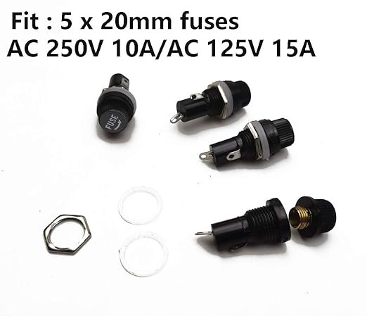 20Pcs Black Fuse Holder with Screw Cap for Fuse Insert, Panel Mounted, AC 250V 10A/125V 15A, for Solar Panel, Solar Controller, Boat Fuse Panel, Radio, Auto Stereo, Relay (5x20mm)