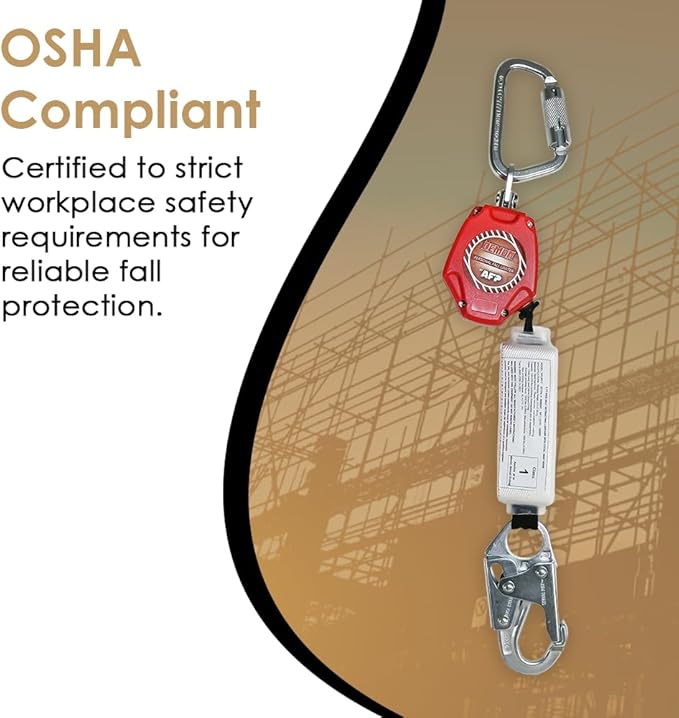 AFP Demon 6 Foot Single Web Leg Self Retracting Lifeline Safety Yoyo, Shock Pack Absorber, Steel Snap Hook & Steel Carabiner Fall Protection Arrest Limiter SRL | OSHA & ANSI Rated