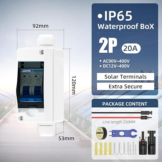Solar Panel Disconnect Switch 20 Amp 400V Breaker Box, PV DC Miniature Circuit Breaker Disconnect Box Outdoor with IP65 Waterproof Box