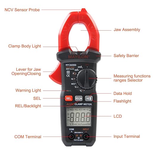 Digital Clamp Meter, Multimeter 6000Counts Volt Meter Auto-ranging Measures AC/DC Amp Clamp, NCV Non Contact Check Function (MAYILON MY2600D)
