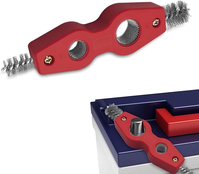 Car Battery Terminal Cleaning Brush, 4 in 1 Auto Battery Terminal Cleaning Tools, Copper Pipes Cleaner Brush Tool, Universal Battery Terminals Machine Parts Cleaning Tool (Red, 1PCS)