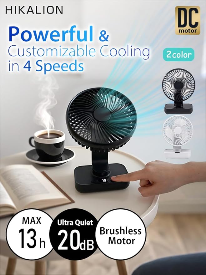 Oscillating Small Desk Fan, with USB Rechargeable Battery, Ultra Quiet, 4 Speeds, 13-Hour Runtime, Wall-Mount Option, Quiet Fan, Home, Bedroom and Office, Black