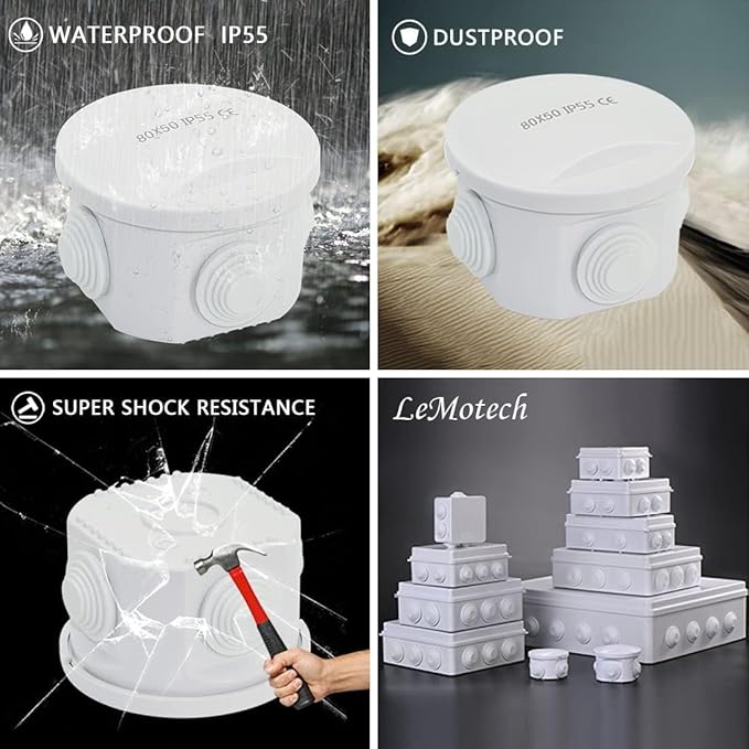 LeMotech Junction Box, ABS Plastic IP55 Water Resistant and Dustproof, Universal Electrical Enclosure, Outdoor and Indoor Project Box D3.1 x H2.4 inch (D80 x H60 mm) (Pack of 2)