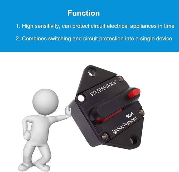 Hi-Amp 80Amp Circuit Breaker 12V-32V DC Waterproof, 10-300A Fuse Inverter with Manual Reset Button for Auto Truck RV Marine, Panel Mount (80A)