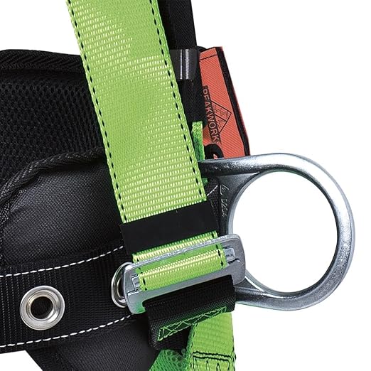 PEAKWORKS Fall Protection Full Body Padded Safety Harness with Back Support, Positioning Belt, Back & Side D-Rings, Stab Lock Buckles, Hi Vis Green/Black, XL, V8255624