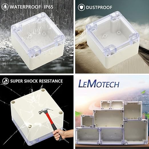 LeMotech ABS Plastic Junction Box Dustproof Waterproof IP65 Electrical Enclosure Box Universal Project Enclosure Grey with PC Transparent Clear Cover 3.3 x 3.2 x 2.2 inch (83 x 81 x 56 mm)