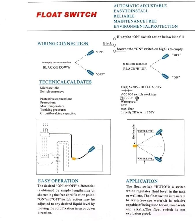 3M （9.8ft）Cable Float Switch Water Level Controller for Sump Pump, Water Tank