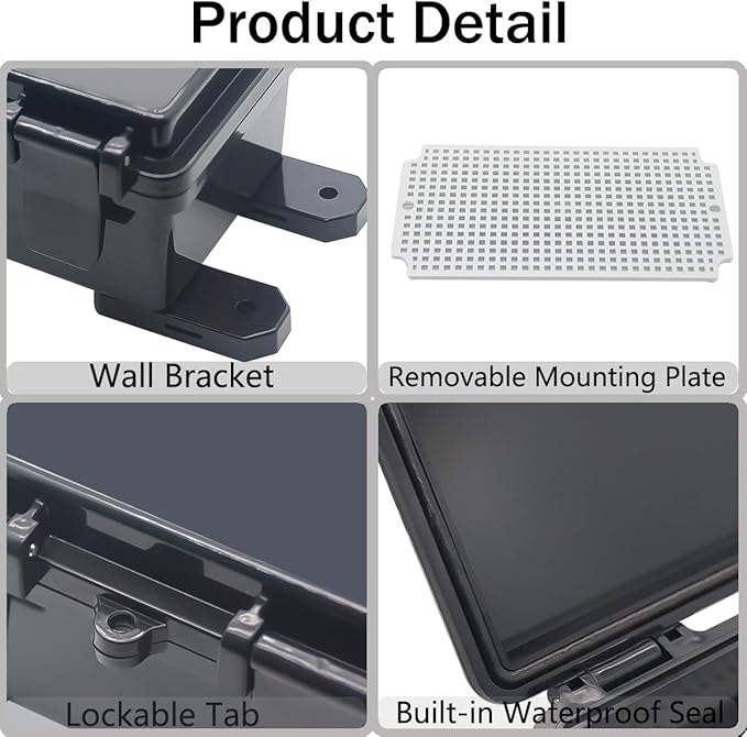 Junction Box, Hinged Black Cover IP67 Waterproof ABS Project Box with Mounting Plate Electrical Box Enclosure with Wall Bracket 8.3 x 5.1 x 4.3inch(210x130x110mm)