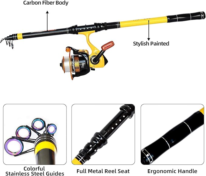 Richcat Fishing Rod and Reel Combo，Medium Heavy Poles and Reels Telescopic Rod Kits for Adults， 22lb Line Pre-spooled with Spining Reel for Travel Saltwater Freshwater Catfish Bass Fishing
