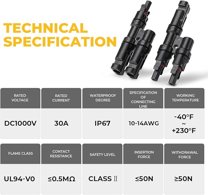 BougeRV Solar Branch Connectors Y Connector for Parallel Connection Between Solar Panels FMM+MFF (1 Pair)