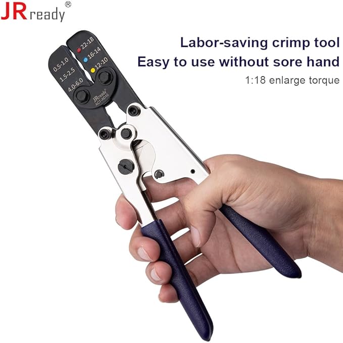 JRready ACT-AD10 Ratcheting Crimping Tool, 22–10 AWG Wire Crimper for Heat Shrink Butt Connectors & Insulated Terminals, Oval Crimp Die, Full-Cycle Ratchet for Marine/Automotive/RV Wiring