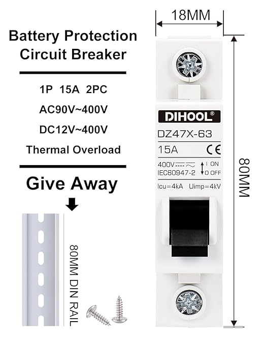 DIHOOL AC/DC Miniature Circuit Breakers, 2 Pack, Single Pole 15 Amp, 12V 24V 48V 400V, Non Polarized, Solar Disconnect Switch, DIN Rail Mount, RV Battery Isolator, PV Array MCB, Thermal Magnetic Trip
