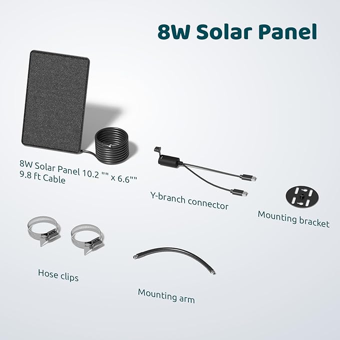 Birdfy 8W Solar Panel for Smart Bird Feeder Camera, Type-C Charger for Birdfy Feeder, 360° Adjustable Swivel Mount, IP65 Waterproof for Outdoors, 8W Continuously Power Supply (9.8ft Chew-Proof Cable)